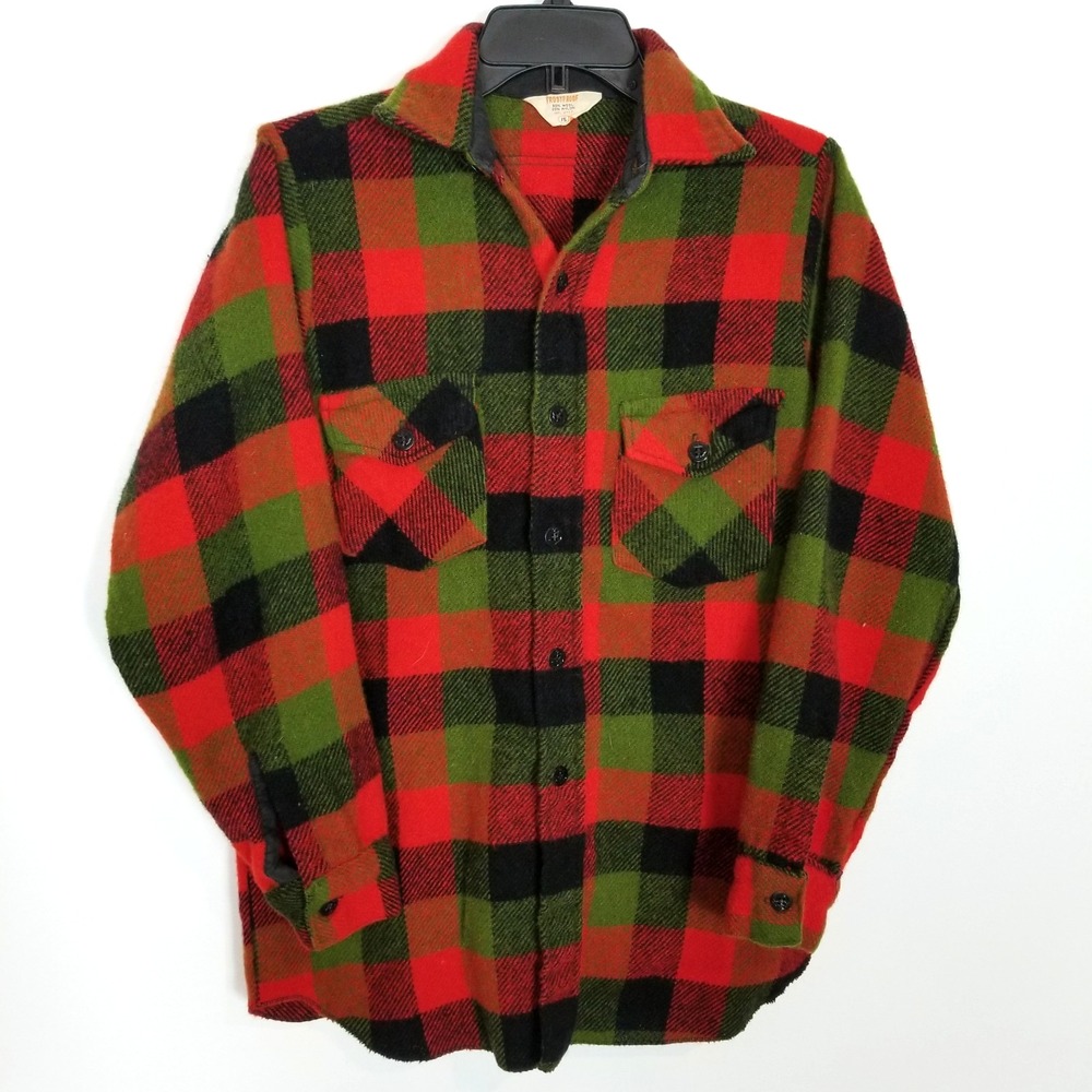 Vtg‎ 60s Frostp Roof Wool Blend Flannel Shirt Sz 15 Red Black Green Buffalo USA